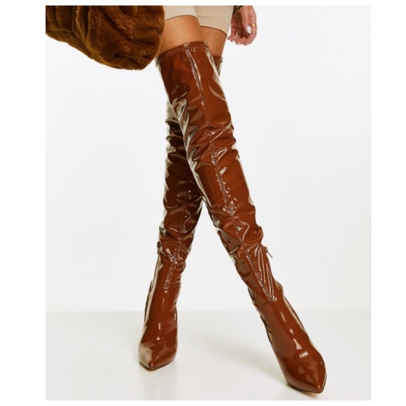 Steve Madden Viktory Patent Over the knee Stiletto Heel Boots in Cognac - Picture 9 of 11